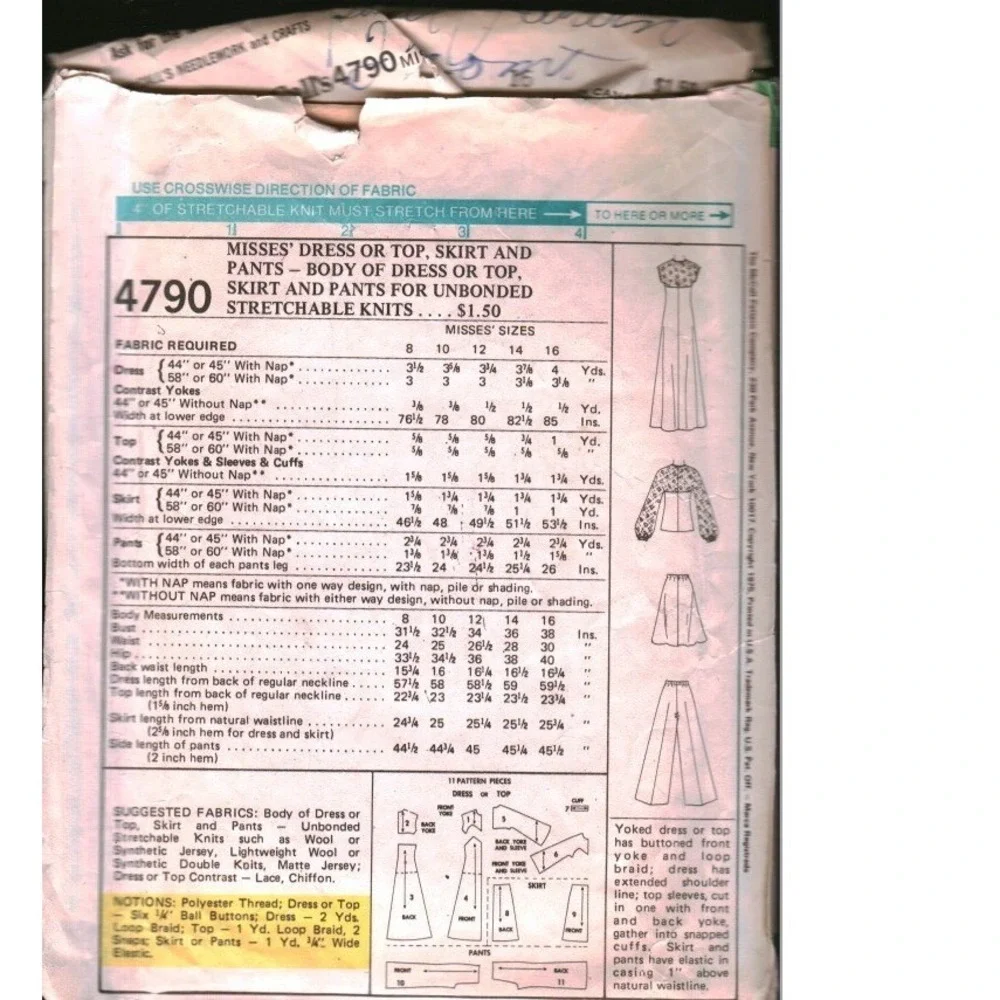 Vintage McCalls 4790 Misses Dress Top Skirt Pants Sewing Pattern Size 16 Bust 38